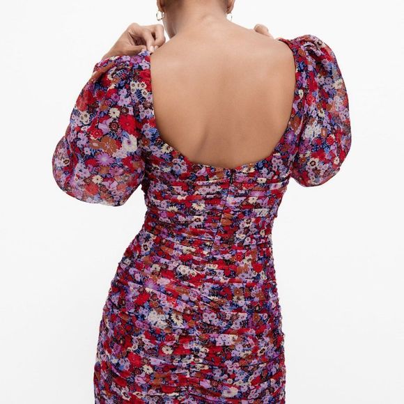 ZARA Floral Printed Dress With Ruching size medium - Picture 3 of 15